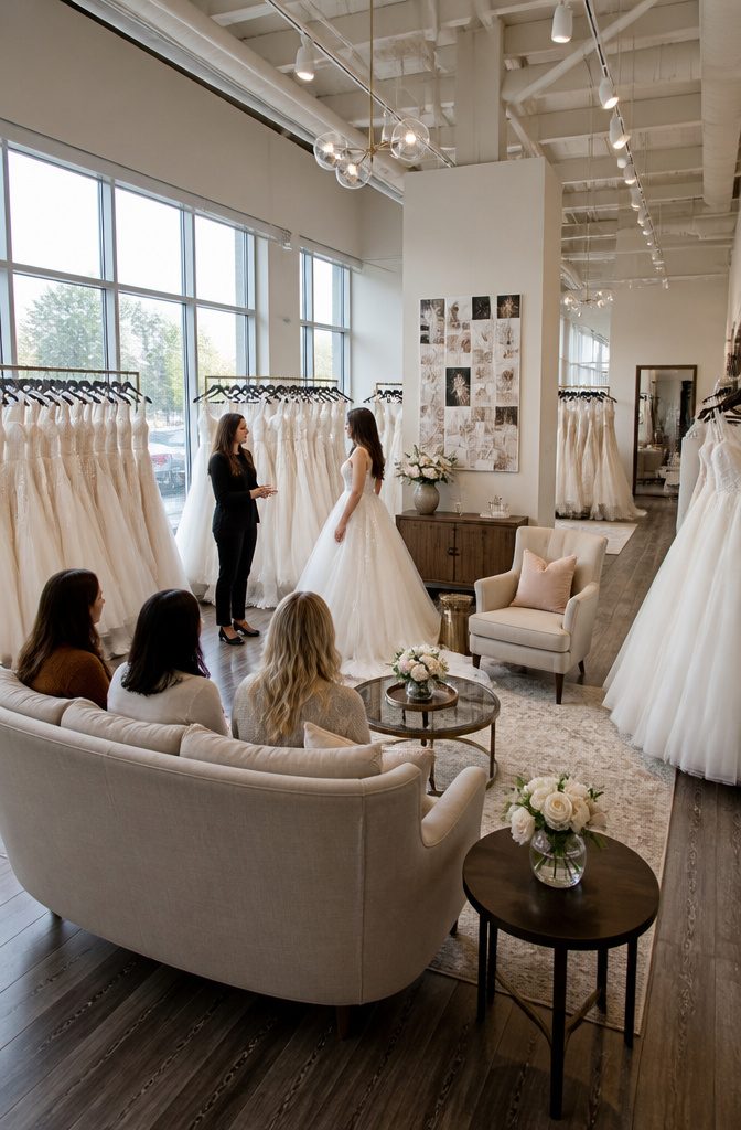 A bridal shop interior showing wedding dresses available for appointment.