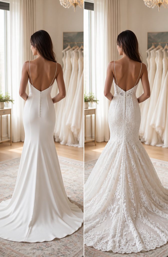A fit-and-flare wedding dress displayed on a model.