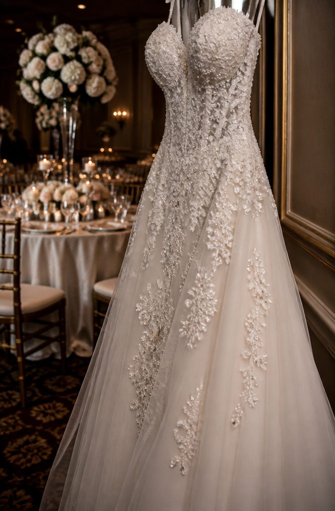 Close-up of lace and beading on a satin wedding dress.