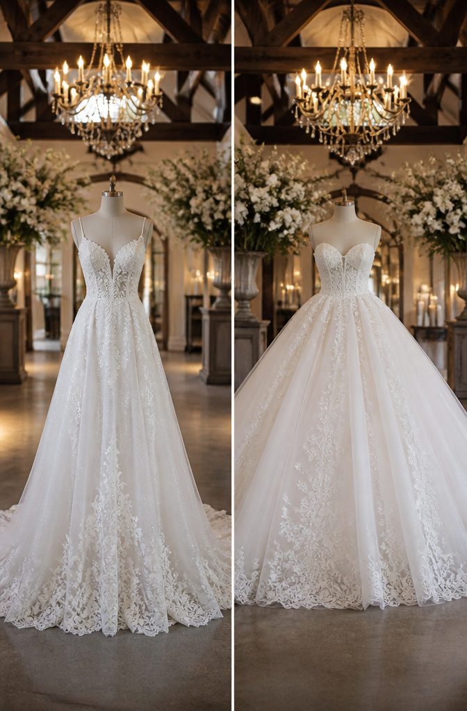 A photograph of an A-line wedding dress in a bridal collection.
