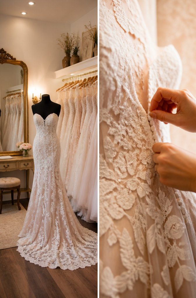 A wedding dress featuring a sweetheart neckline.