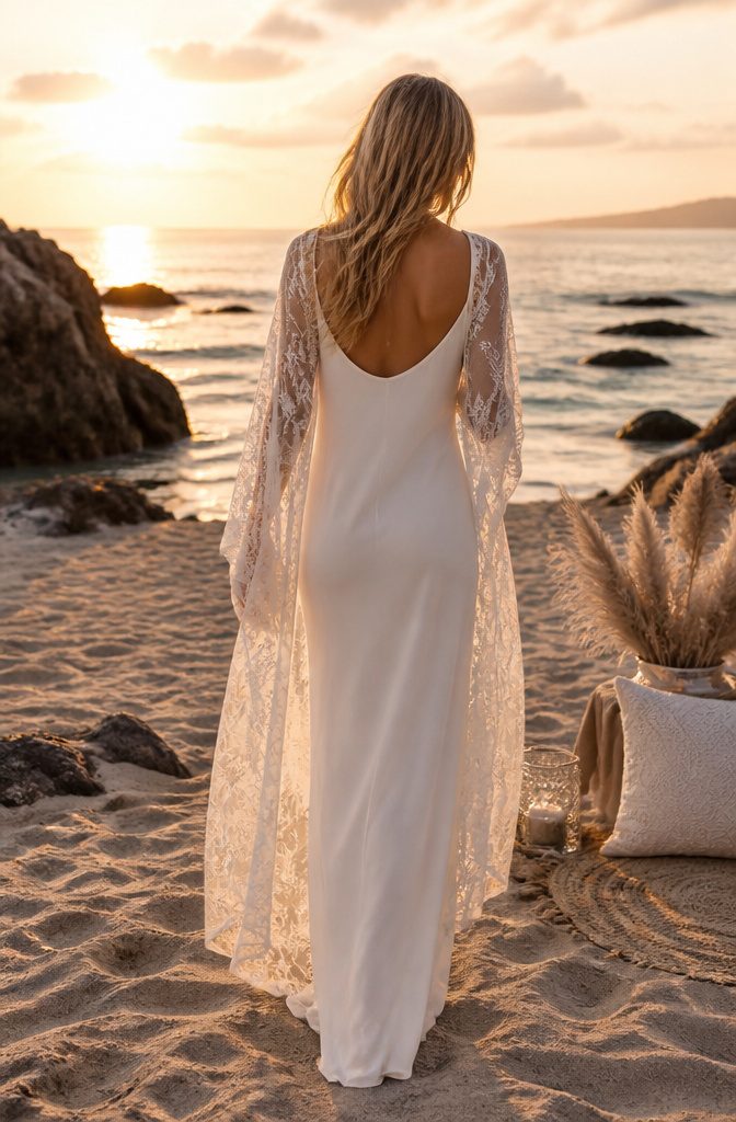 A sheath wedding dress on a beach at sunset.