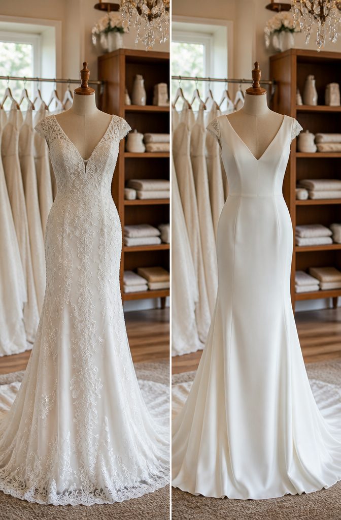 A sleeveless wedding gown displayed in a bridal shop.