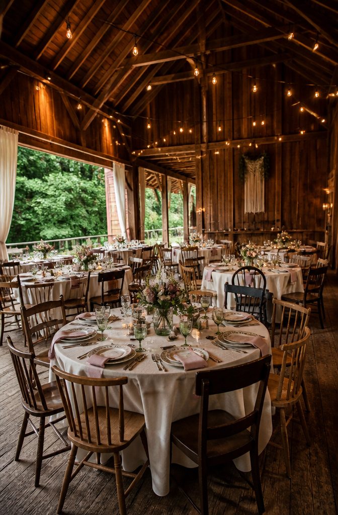 Rustic Venue Wedding Guide: Barns, Farms & Mountain Settings 12 Interior of Red Barn with rustic decor for an intimate wedding.