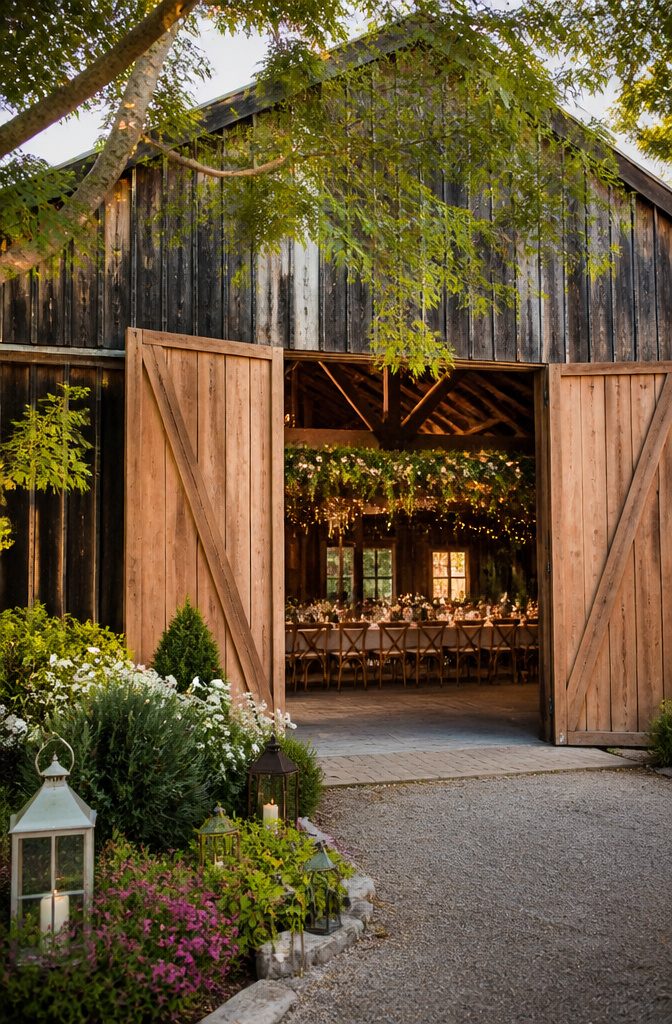 Rustic Venue Wedding Guide: Barns, Farms & Mountain Settings 9 Historic Webb Barn with large doors and colonial garden landscape.