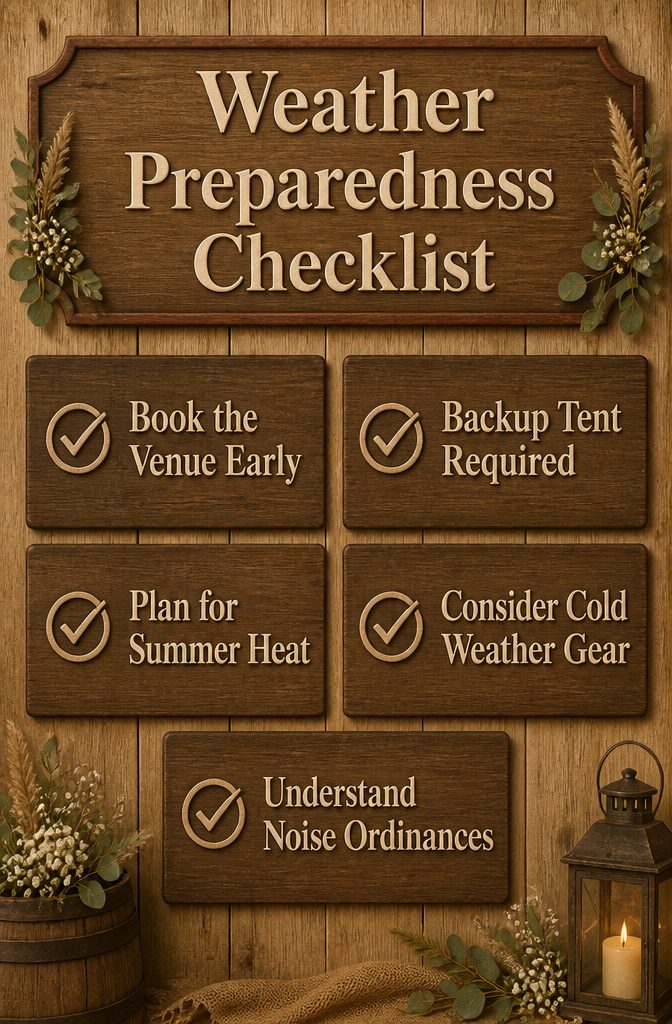 Rustic Venue Wedding Guide: Barns, Farms & Mountain Settings 11 Weather preparedness checklist for barn wedding planning.
