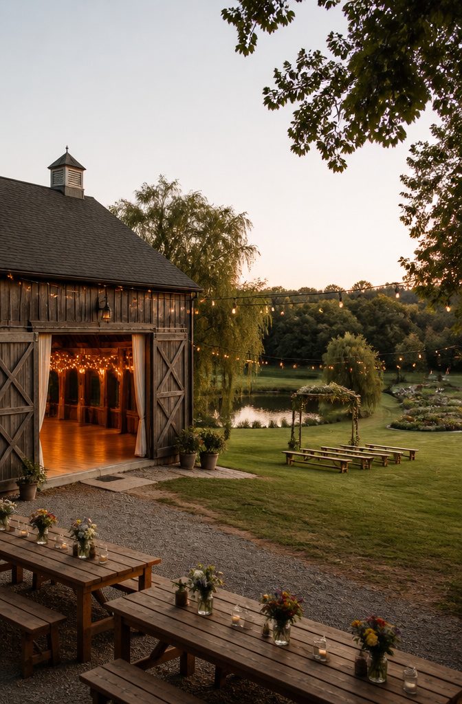 Rustic Venue Wedding Guide: Barns, Farms & Mountain Settings 2 Polished barn venue in Connecticut with Edison lights and willow trees.