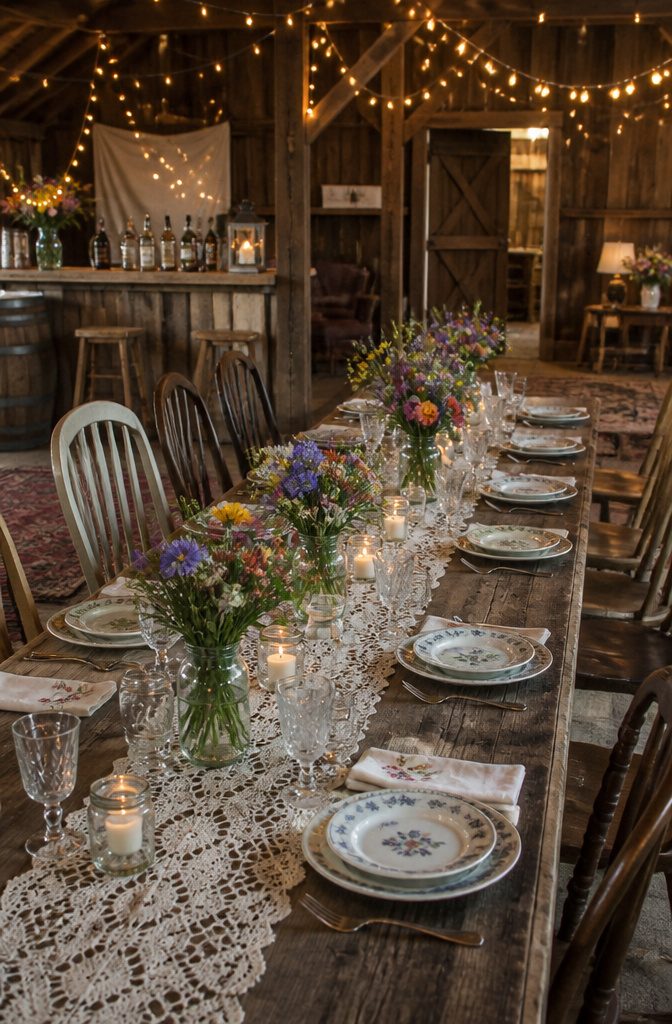 Rustic Venue Wedding Guide: Barns, Farms & Mountain Settings 6 Rustic wedding table with lace runners and mismatched vintage decor.