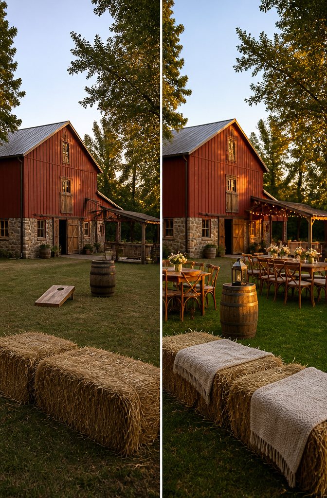 Rustic Venue Wedding Guide: Barns, Farms & Mountain Settings 10 Rustic farm venue with a red barn and stone walls at sunset.