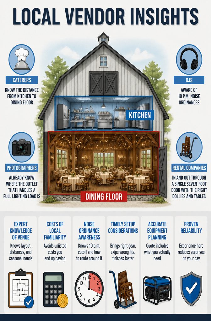 Rustic Venue Wedding Guide: Barns, Farms & Mountain Settings 13 Local vendors collaborating at a rustic barn wedding venue.