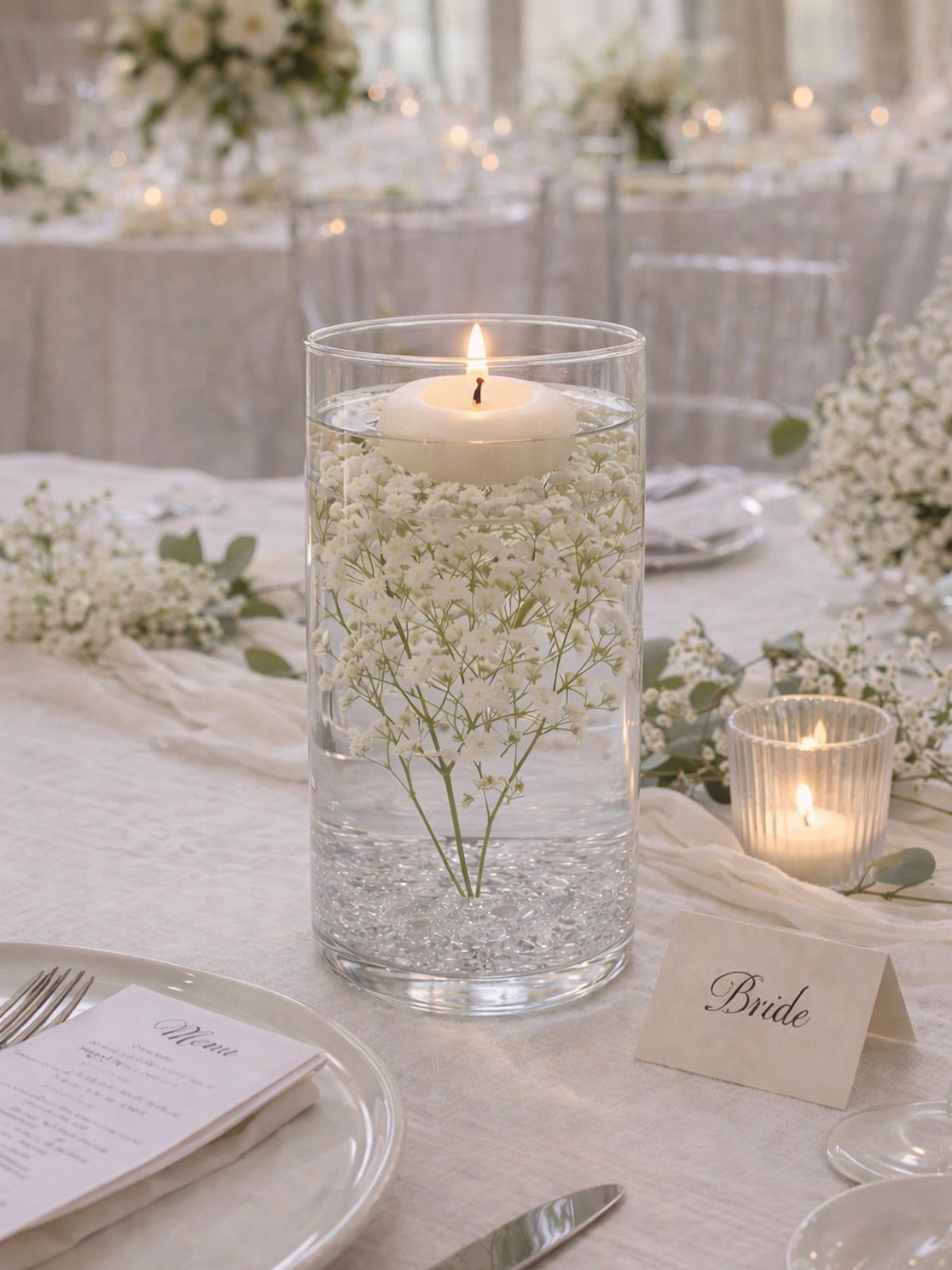 A tall glass vase with floating candle and baby's breath on a wedding table.
