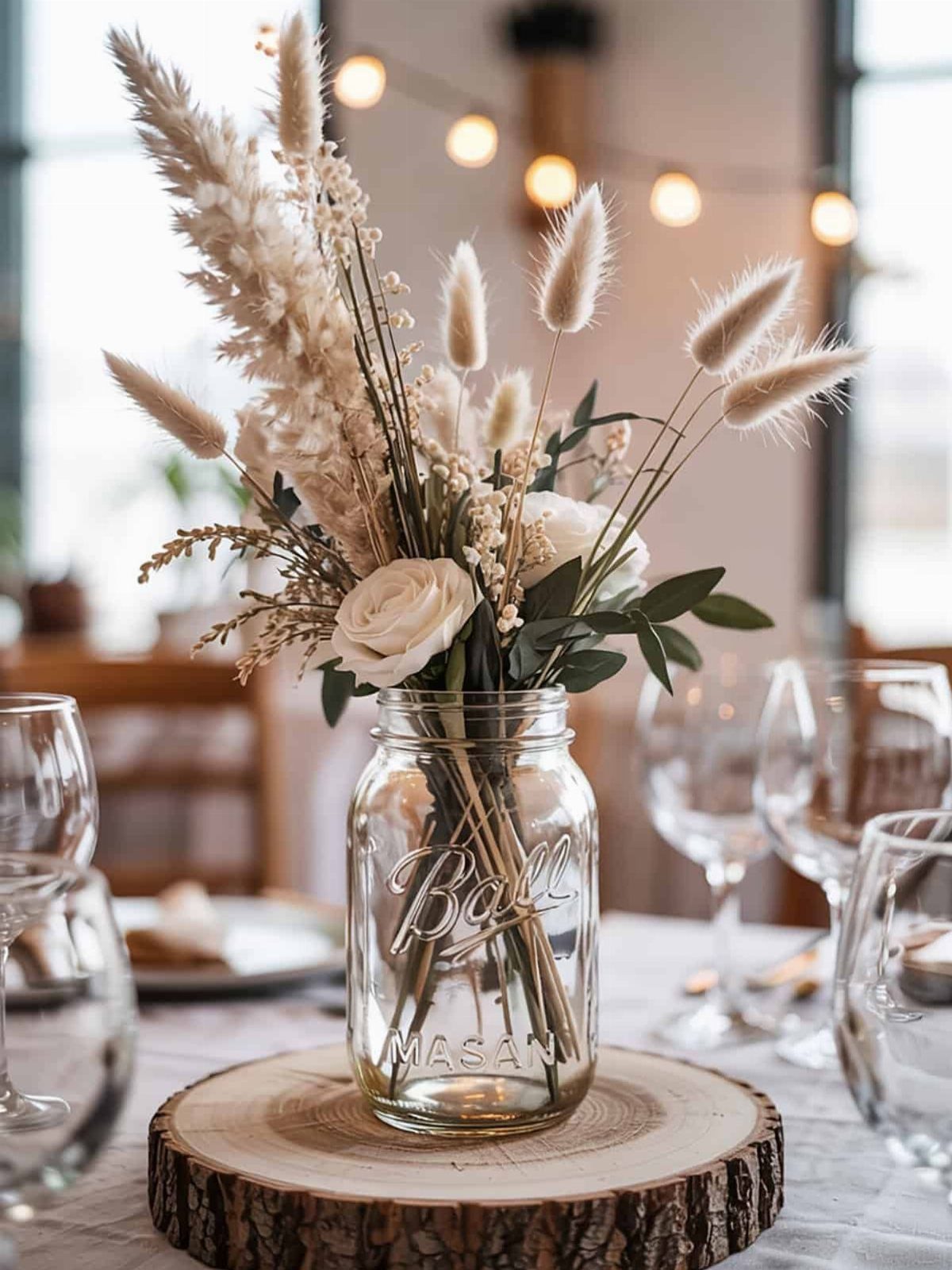 A mason jar centerpiece with white roses and dried pampas grass on a wood slice.