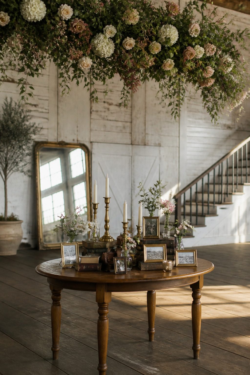 A collection of borrowed decor items displayed at a wedding.
