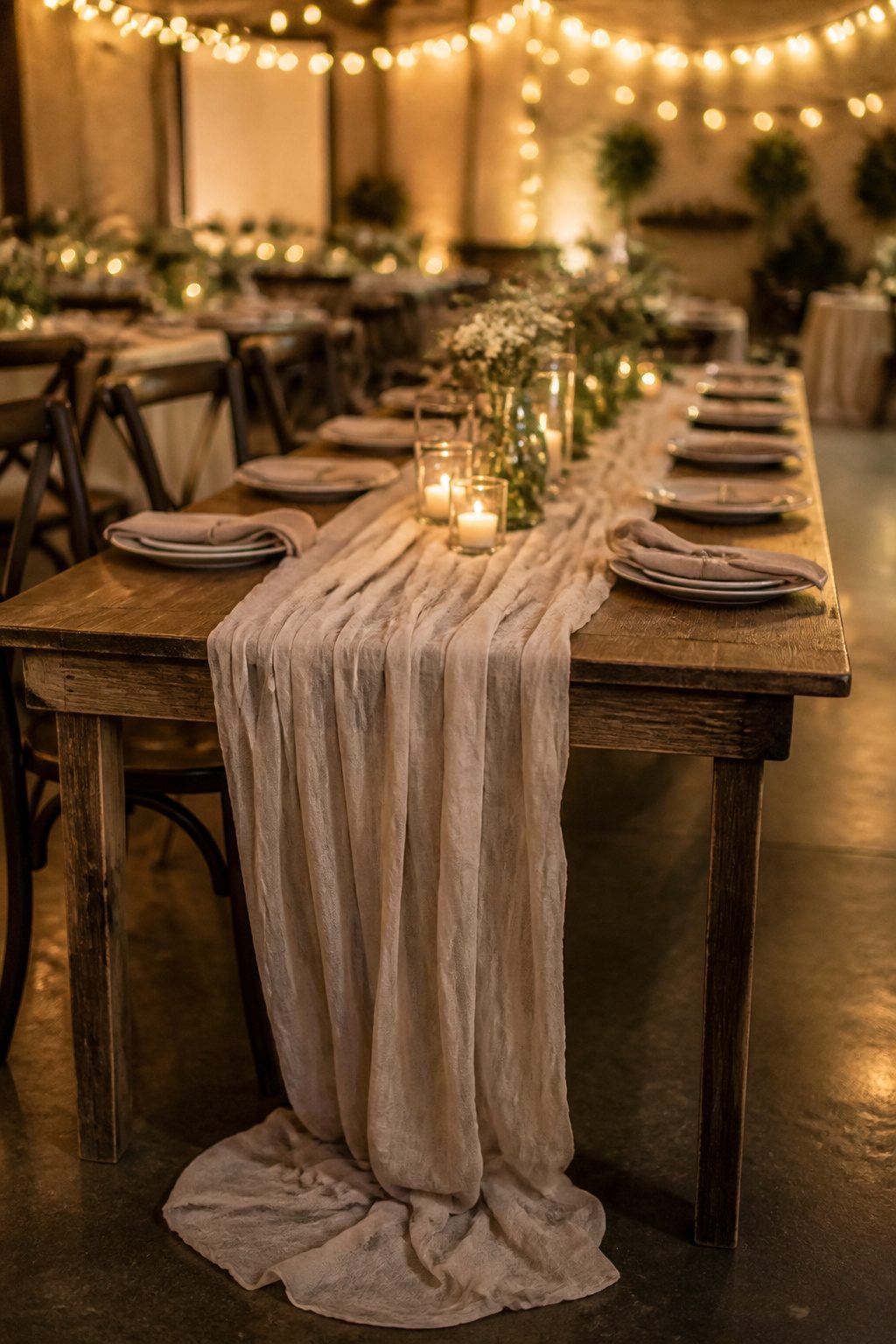 A rustic table with taupe cheesecloth runners pooling at the ends.