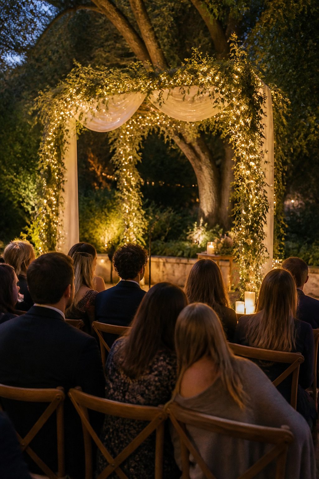 Fairy lights intertwined with greenery on a ceremony arch.