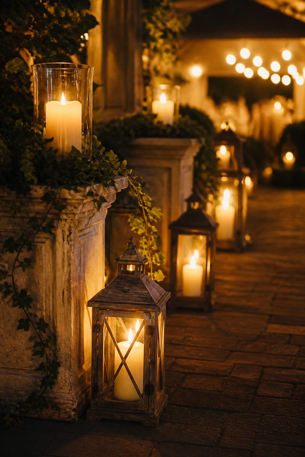 A cluster of candles and lanterns arranged on a table.