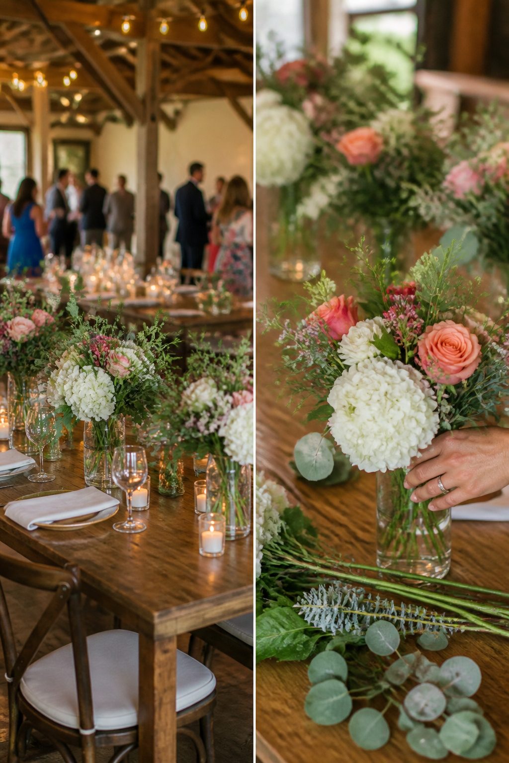 A collection of floral arrangements in vases on a table.