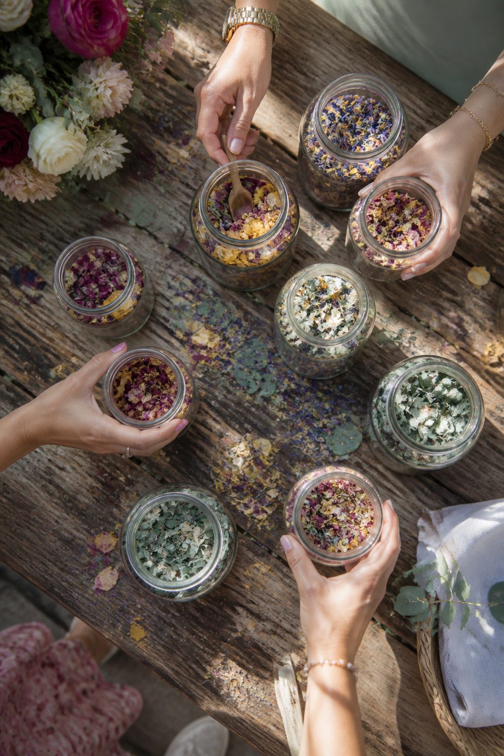 Dried flower petals used as eco confetti on a table.