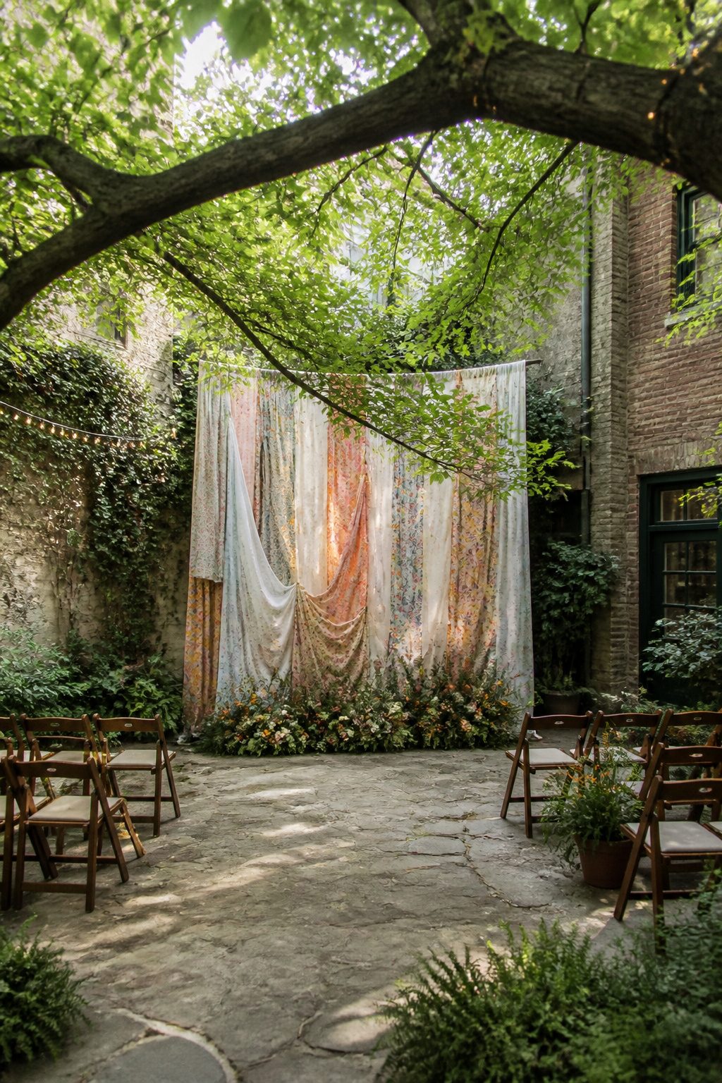 A backdrop made of fabric draped over a frame at a wedding.