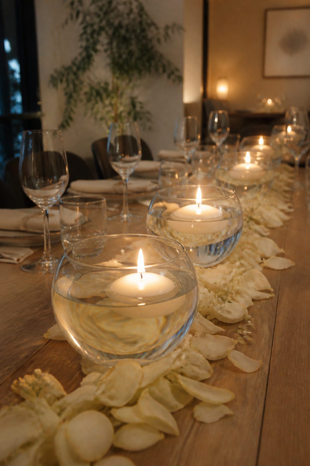 Clear bowls with floating candles on a wedding table.