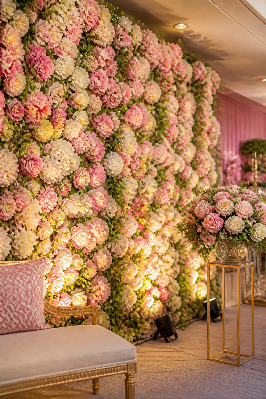 A dense floral wall display at a wedding venue.