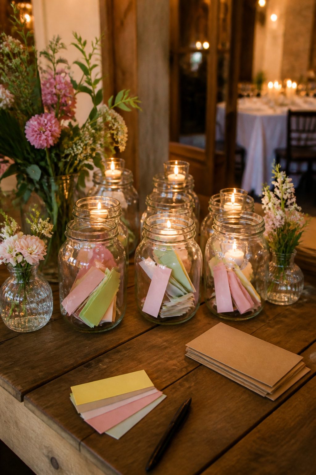 A table with keepsake jars for guests to write notes.