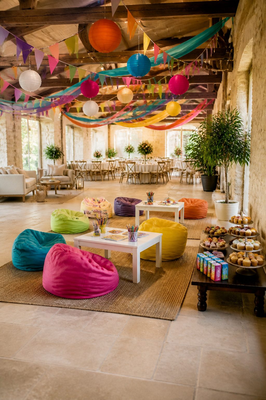 A designated area for kids with activities and snacks at a wedding.