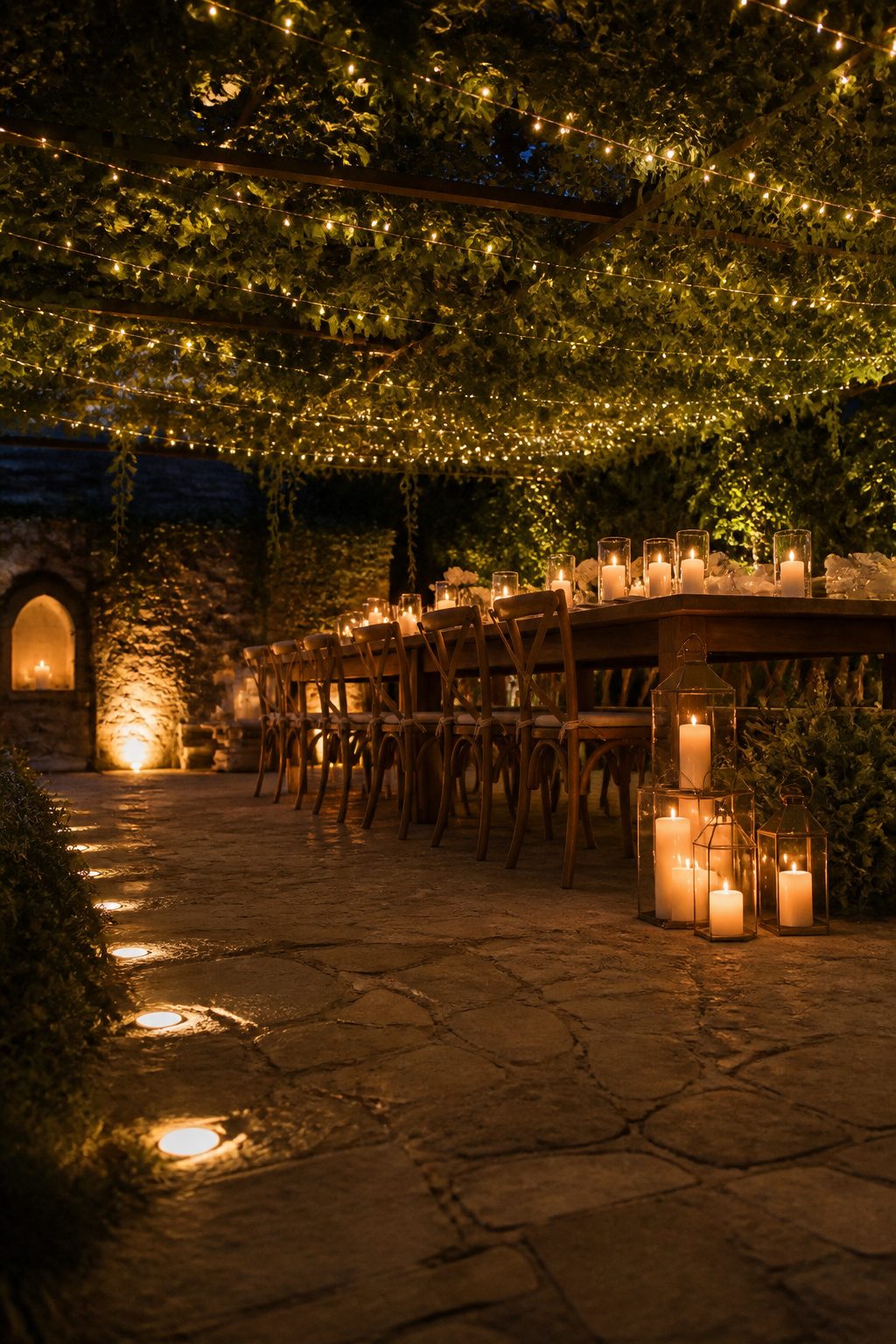 Twinkle lights and candles creating a cozy atmosphere.