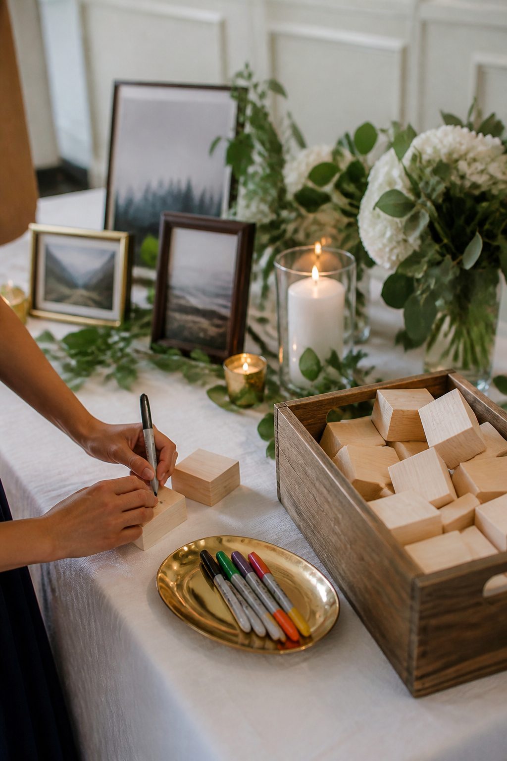 A table with wooden blocks for guests to write messages.