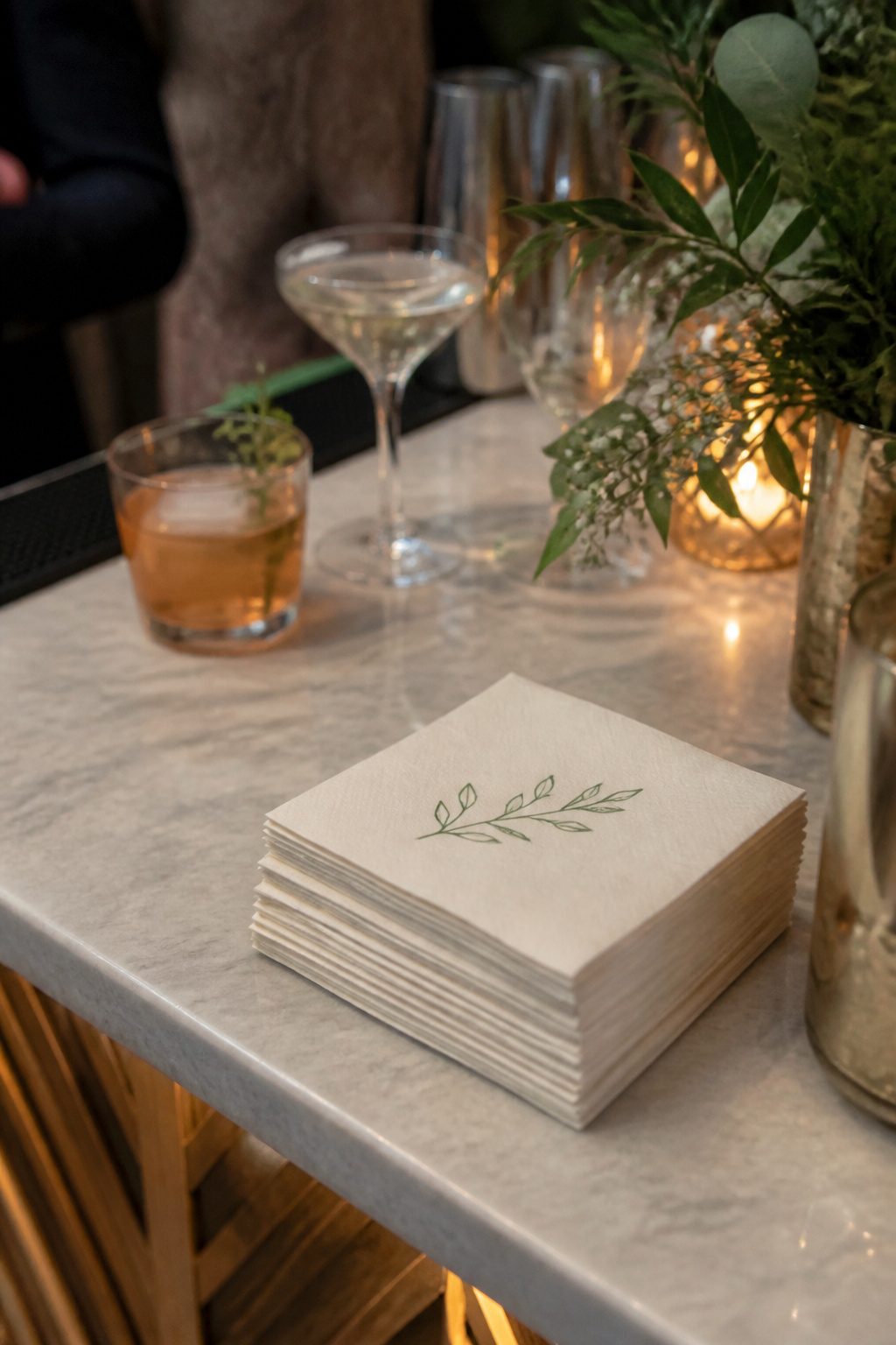 A stack of personalized cocktail napkins on a bar.