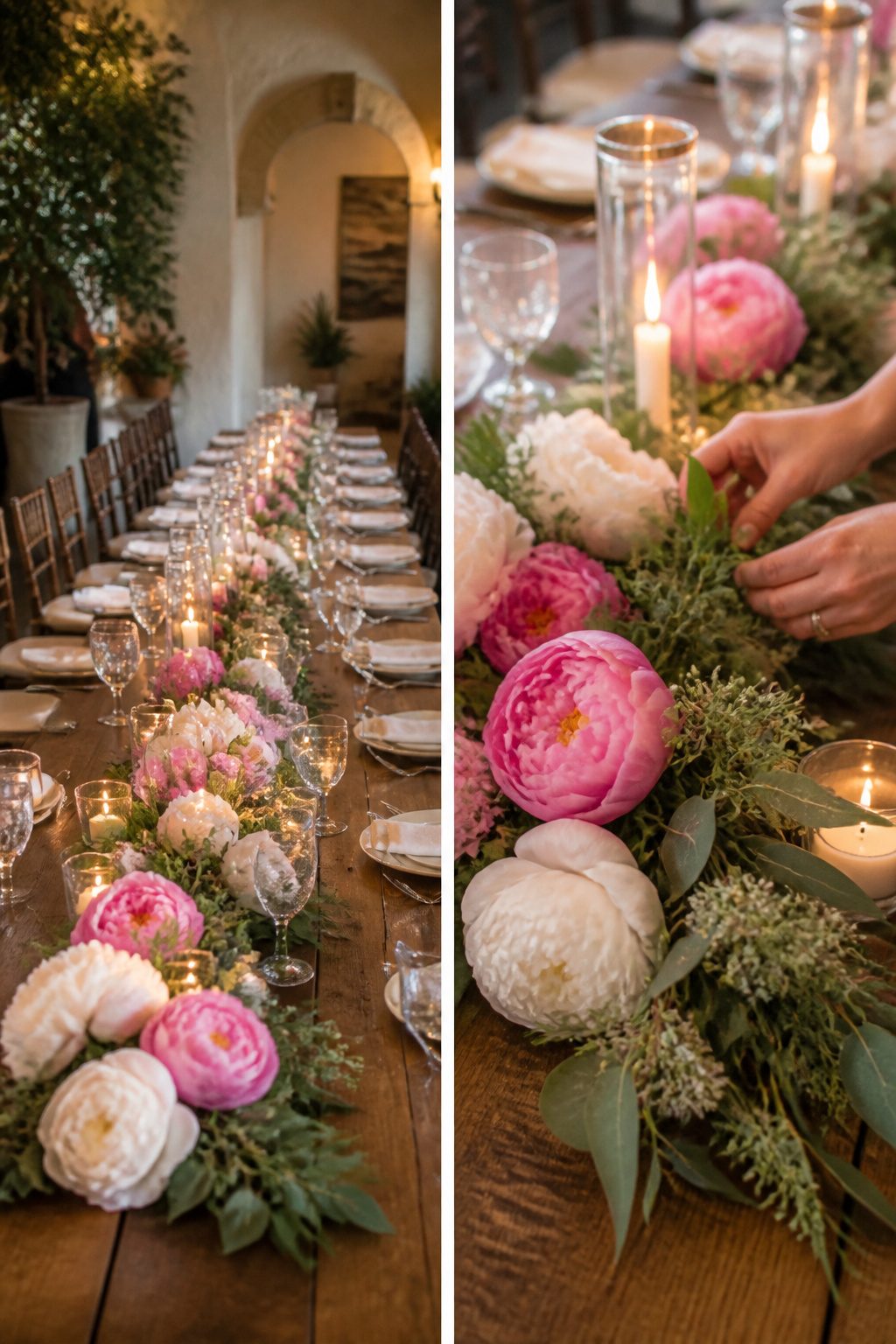 Bridesmaid bouquets arranged flat on a head table.