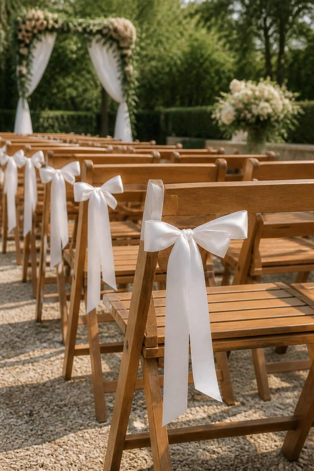Folding chairs adorned with satin ribbons at a wedding ceremony.