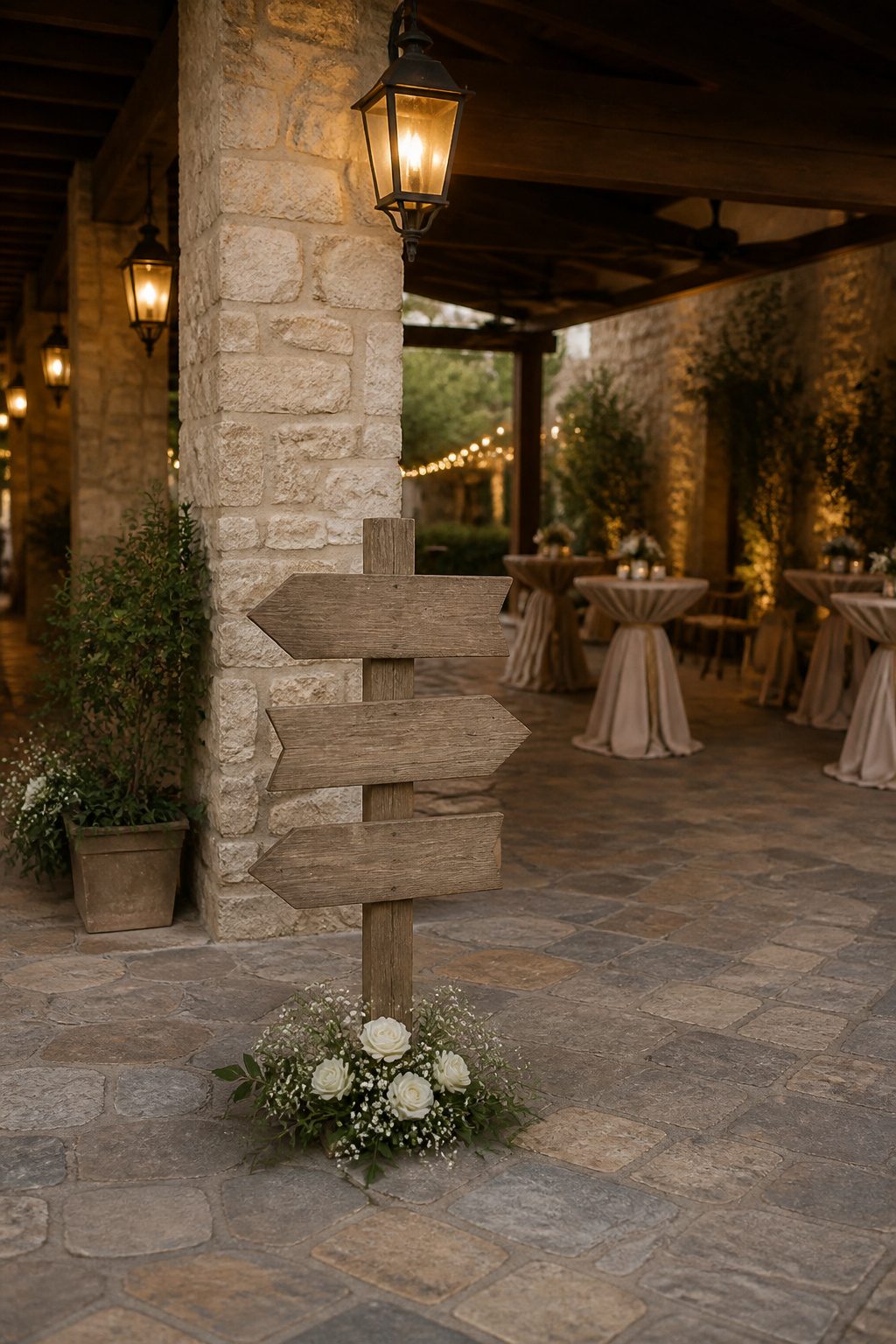 Decorative signs providing directions at a wedding.