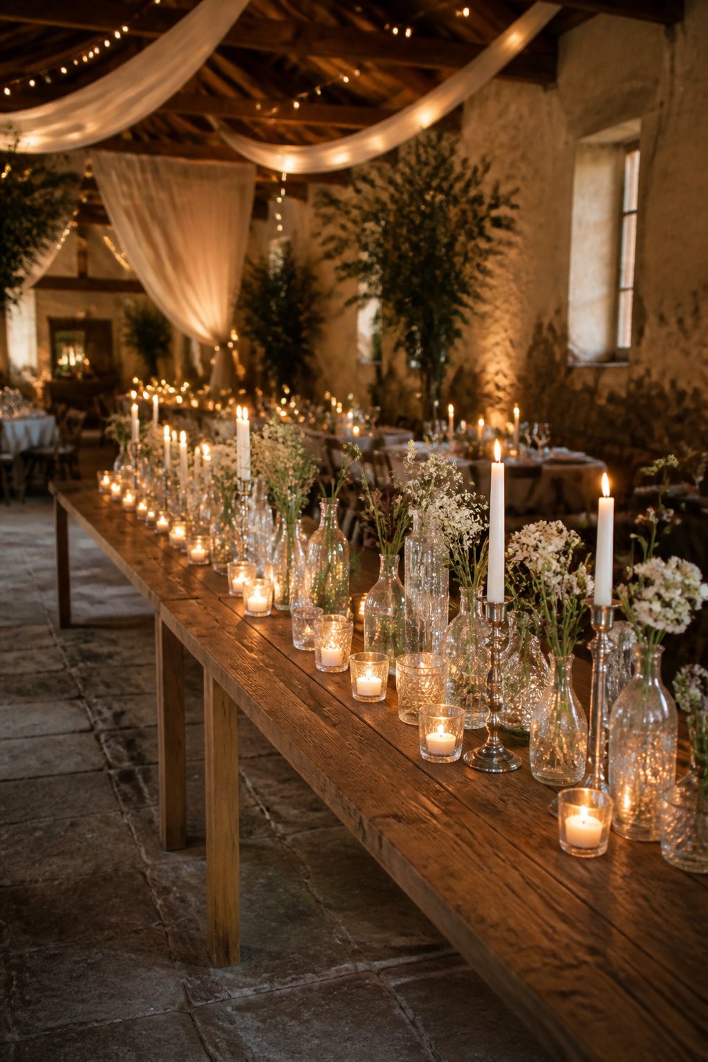 A collection of vintage glass vases of various heights on a table.