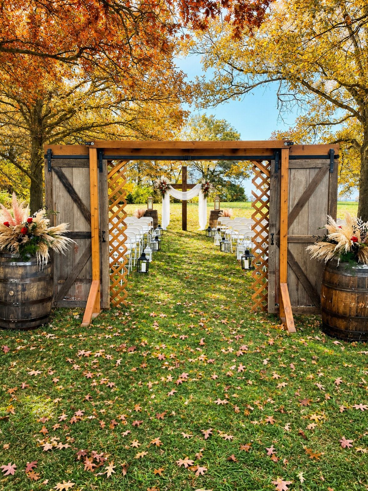 Rustic wooden archway with barn doors framing an outdoor wedding ceremony aisle.