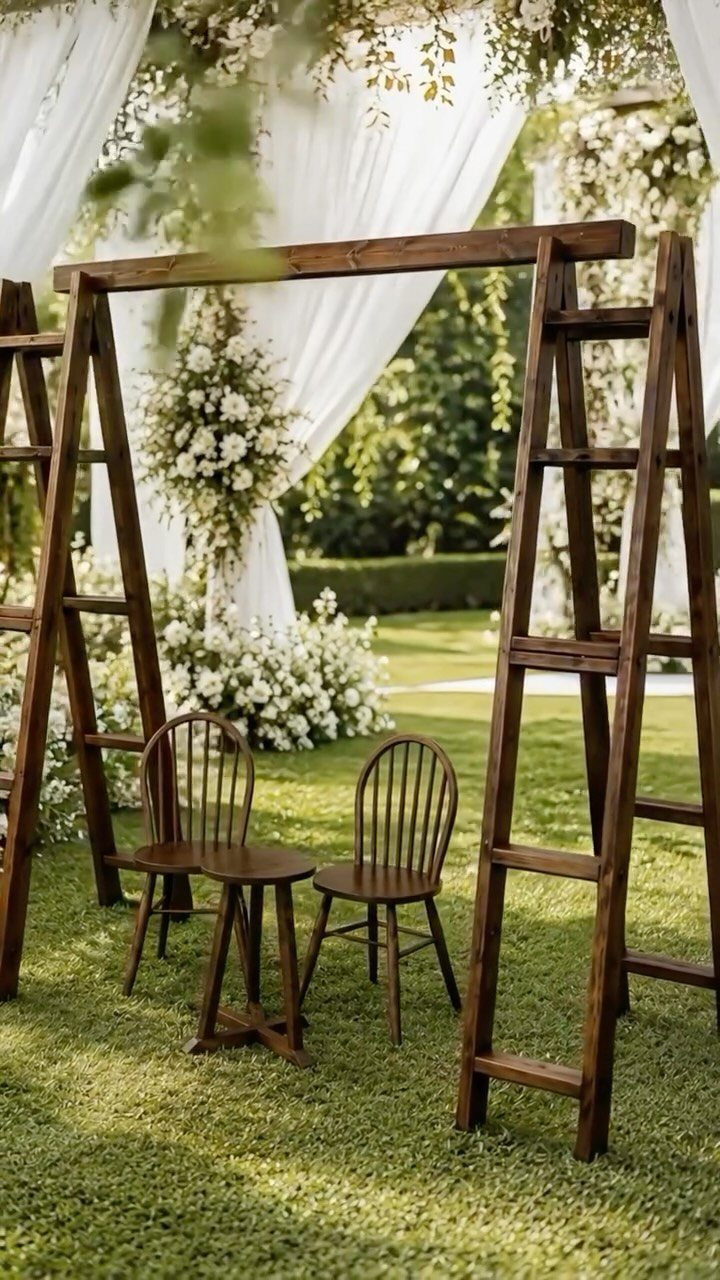 A wooden wedding arch made from two ladders with white fabric and flowers in a garden.