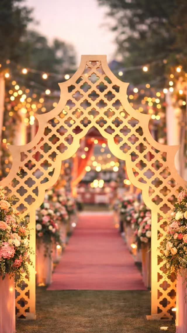 A decorative wooden lattice archway decorated with flowers at the entrance of a wedding aisle.
