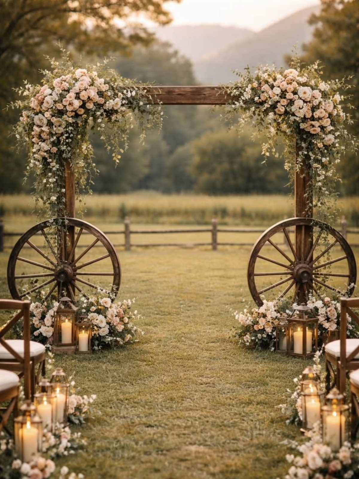A wooden wedding arch adorned with peach roses and greenery, flanked by wagon wheels and lanterns.