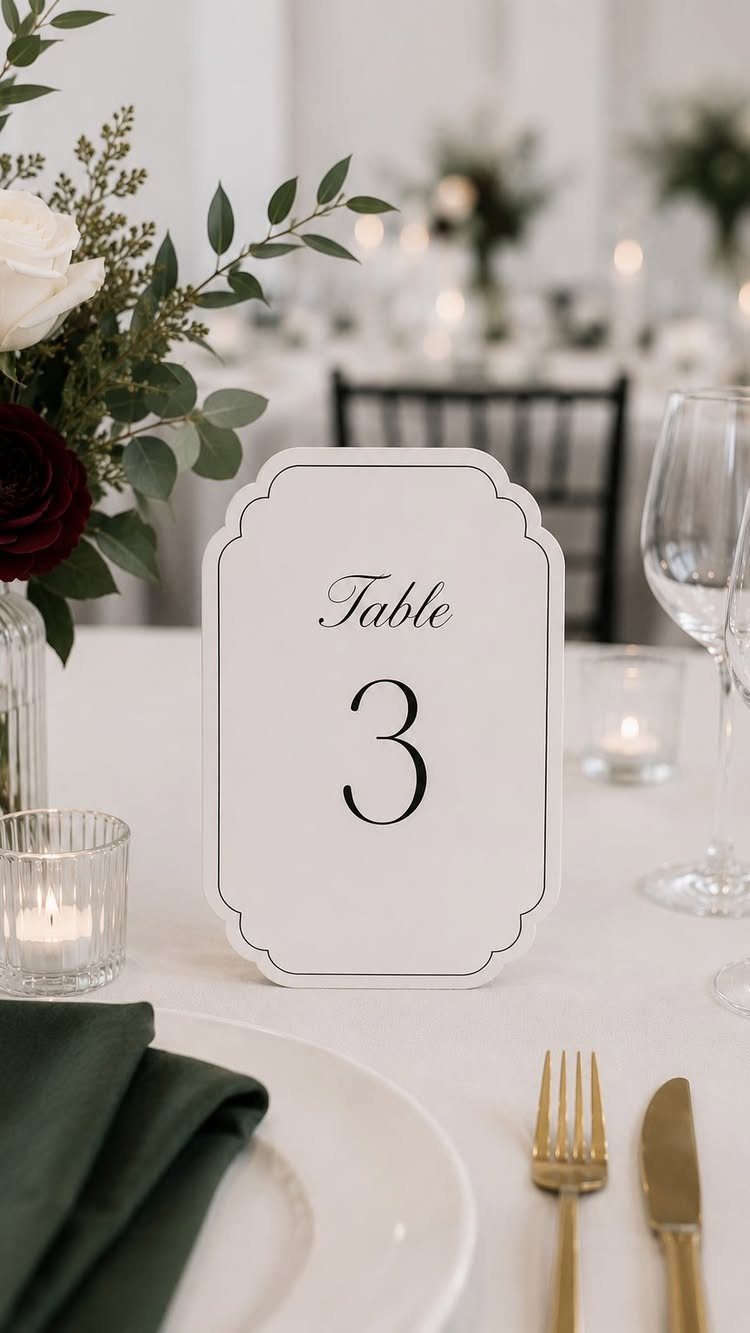 A white scalloped table number card displaying the number three on a wedding table setting.
