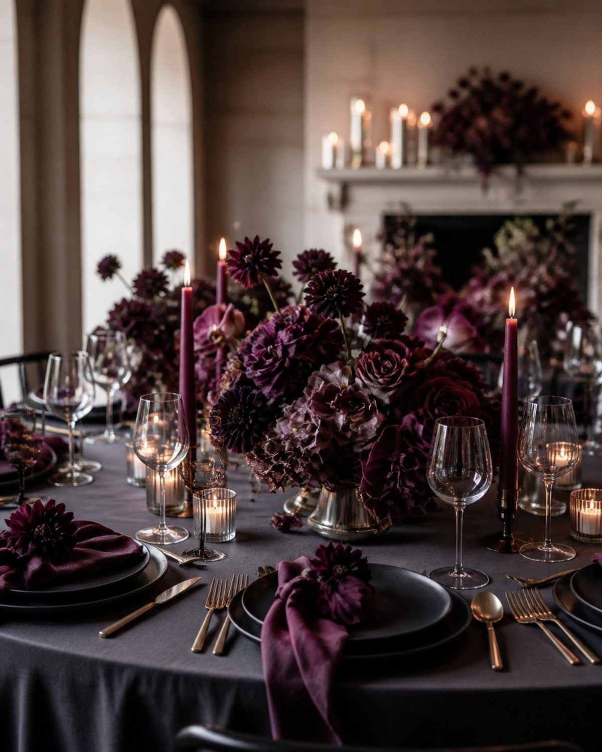 Deep plum floral arrangements and purple candles set on a formal dark wedding reception table.