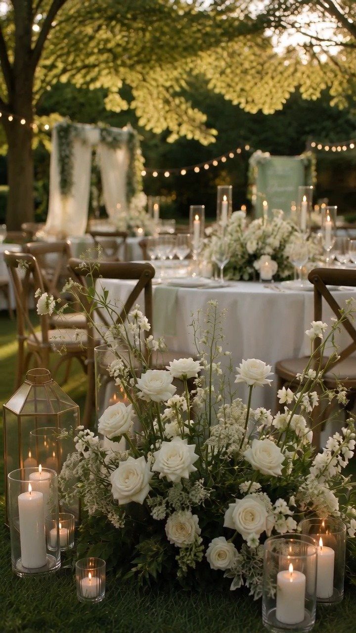 White floral centerpieces and glowing candles on tables at an outdoor wedding reception.