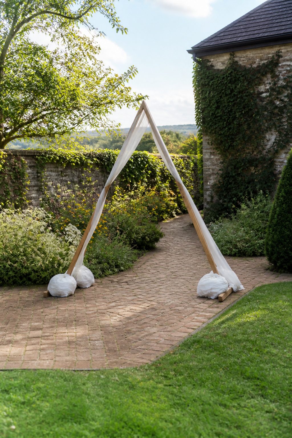 Sandbags positioned at the base of the triangle arch.