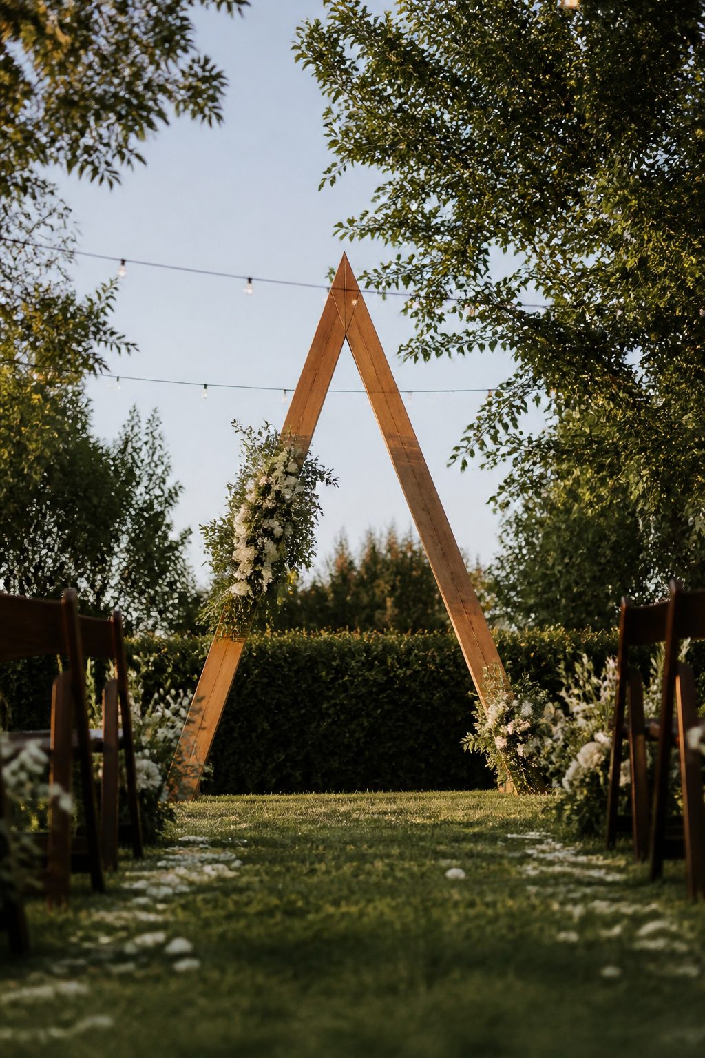Triangle arch wedding frame measuring 7 to 8 feet tall.