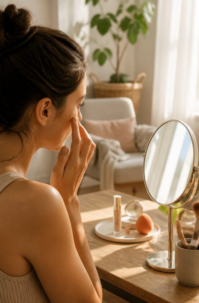 A hand applying concealer under the eyes in a sunlit room.