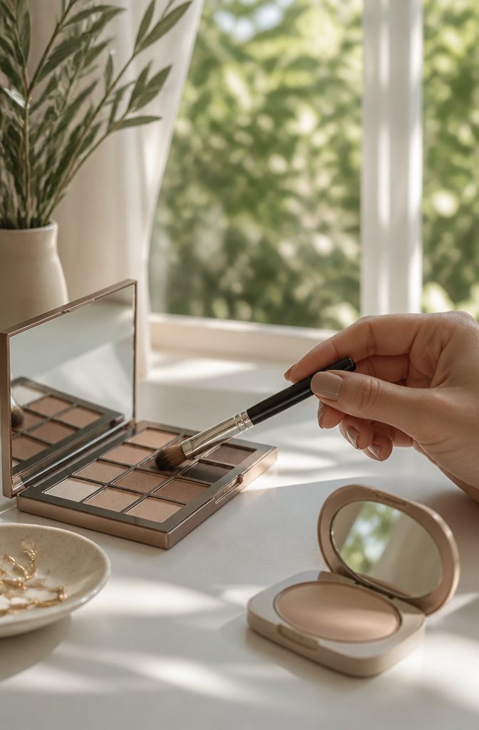 A sleek brush gliding over a neutral matte eyeshadow palette on a vanity.