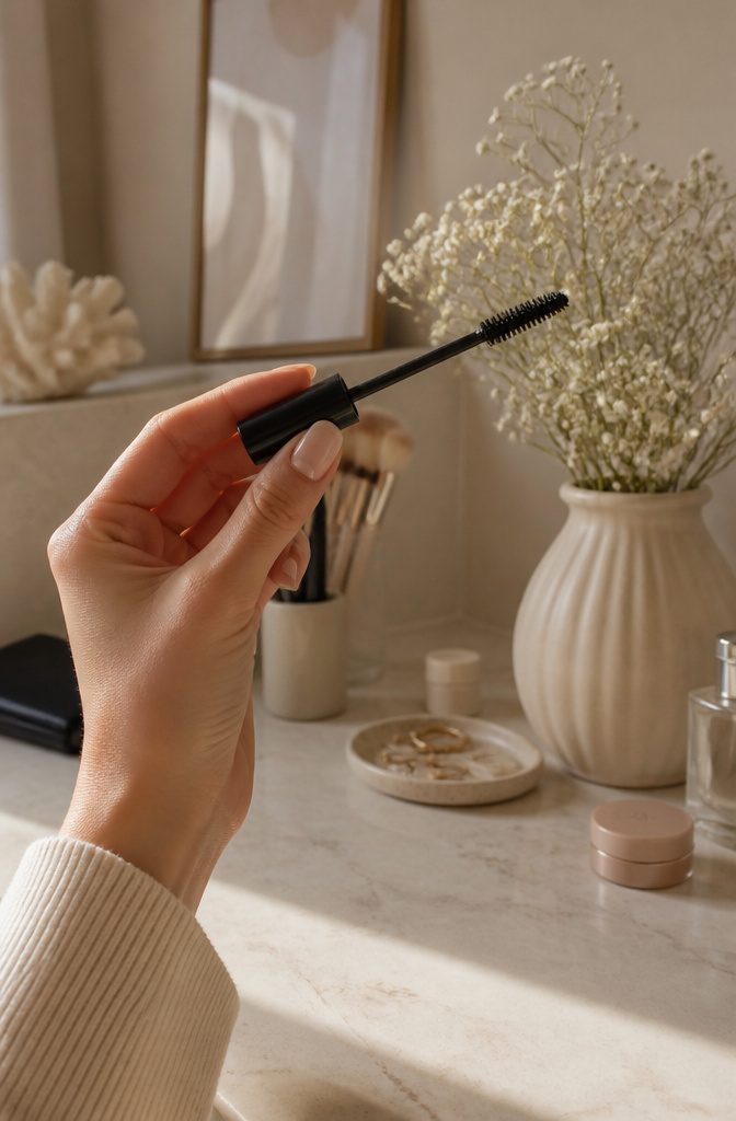 A hand poised at lashes with a lightweight mascara in a serene environment.