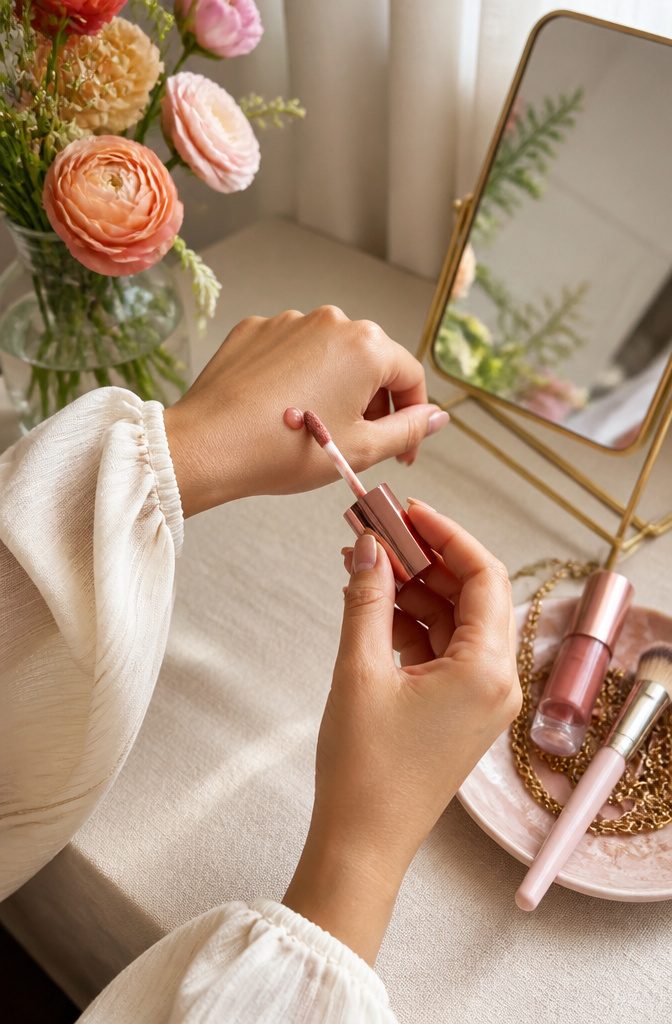 A hand applying liquid blush to cheeks in a softly lit dressing area.