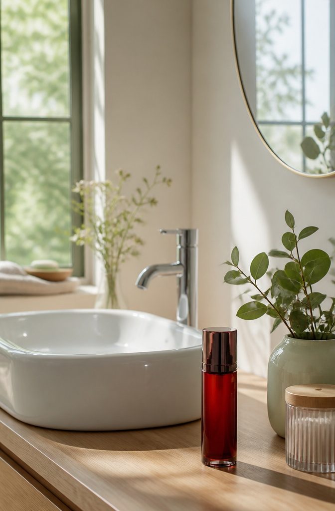 A glistening bottle of L'Oréal Paris RevitaLift lotion on a bathroom sink.