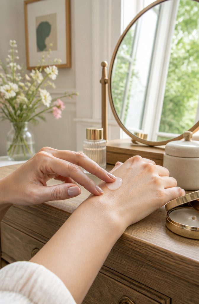 A hand applying blurring primer to a porcelain face in a sunlit room.