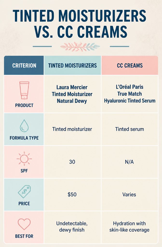 An information image titled 'Tinted Moisturizers vs. CC Creams'.